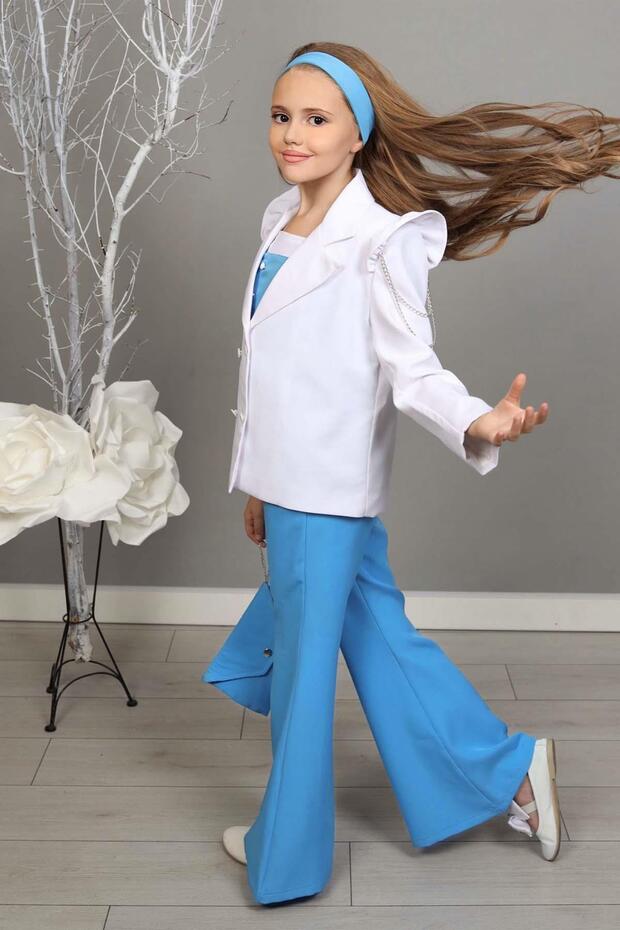 Girl's Chain and Ruffle Shoulder Blazer Jacket and Spanish Leg Blue Pants Bottom Top Set