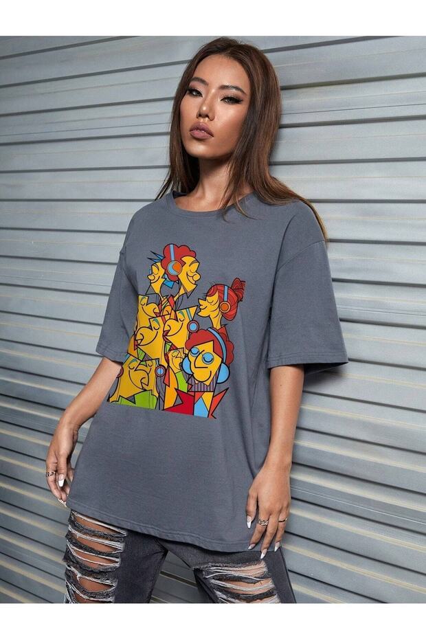 Women'S/Girls' Cartoonist Printed Smoked Oversize T-Shirt Casual Boyfirend