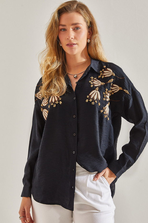 Women's Black Embroidered Wooden Bead Patterned Linen Ayrobin Shirt 60181026
