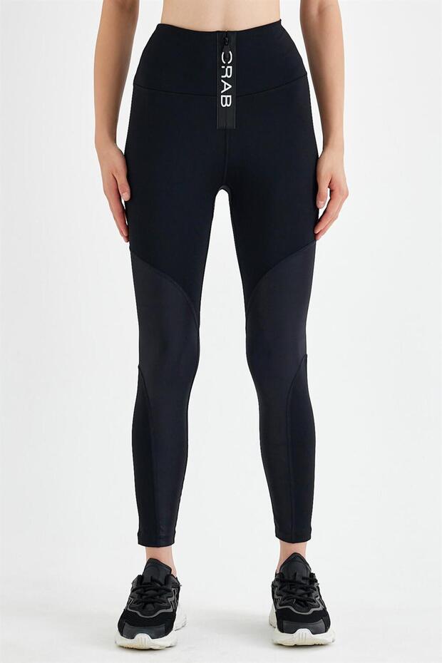 Women's Black Shiny Garnished Zippered Sports Tights