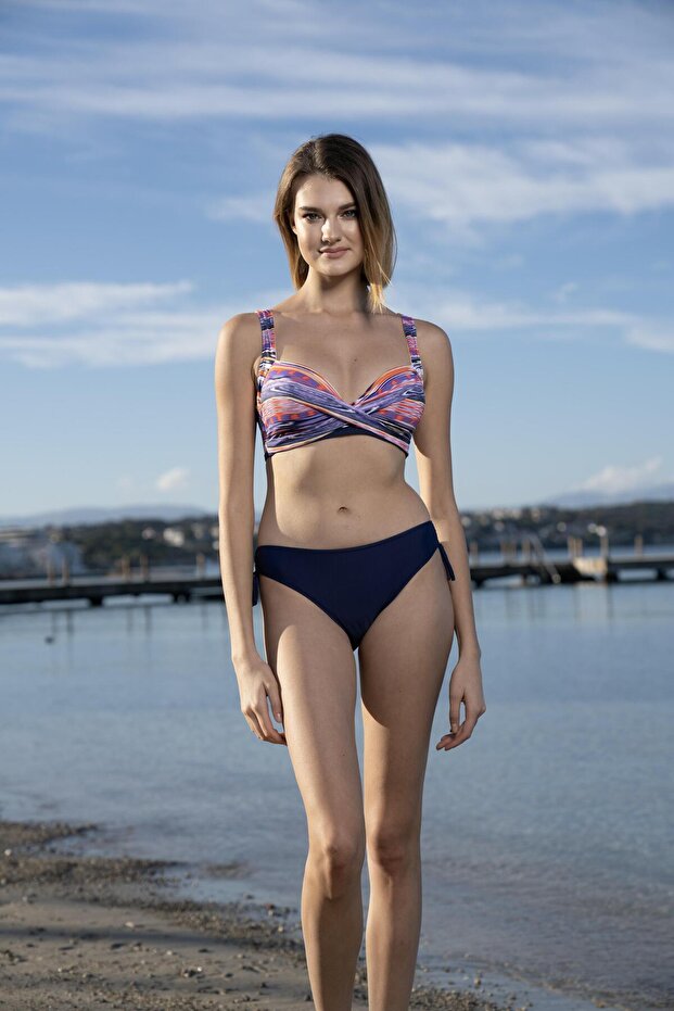 Patterned Cross Covered Bikini Set - Navy Blue