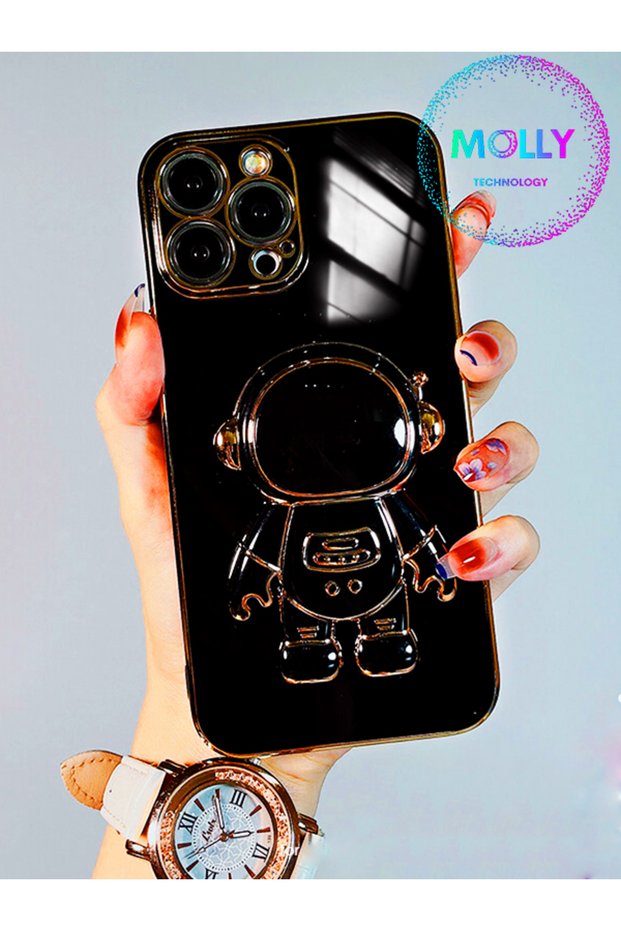Black Astronaut Stand Edge Gold Detailed Luxury Silicone Case for iPhone 15 Pro Max