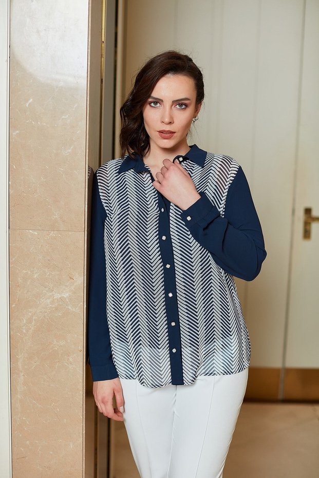 Women's Navy Blue Zigzag Pattern Footed Collar Shirt