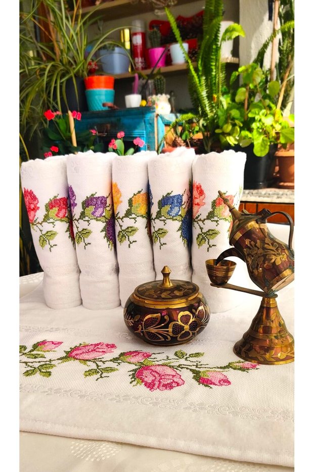 Mom Ribella 50x90 CmJacquard Cross Stitch Embroidered Dowry Luxury Towel Set 6 Pieces