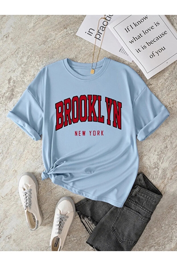 Baby Blue Brooklyn New York Red Printed Oversize Unisex Cotton T-shirt