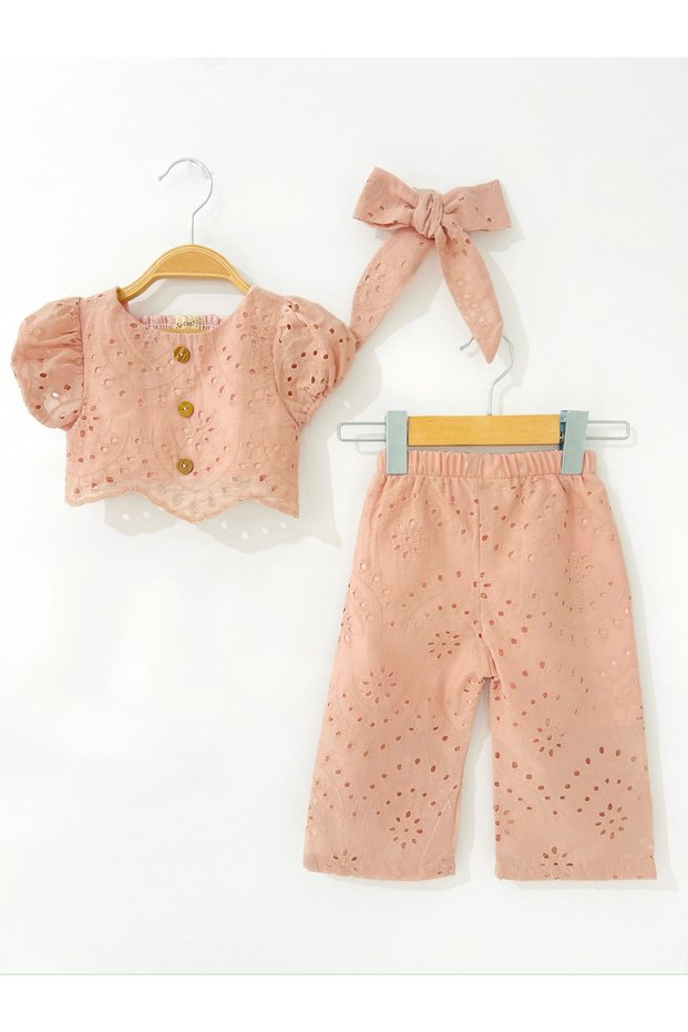 Girl's Lined Scallop Bottom Top Set and Headband 3-Piece Set