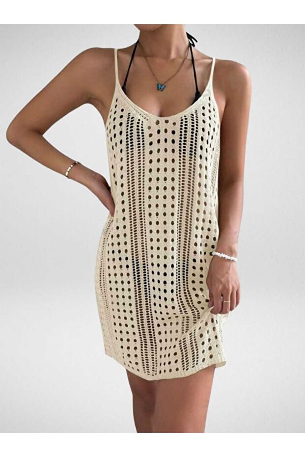 Strappy Model Openwork Pattern Mini Beach Dress - 3