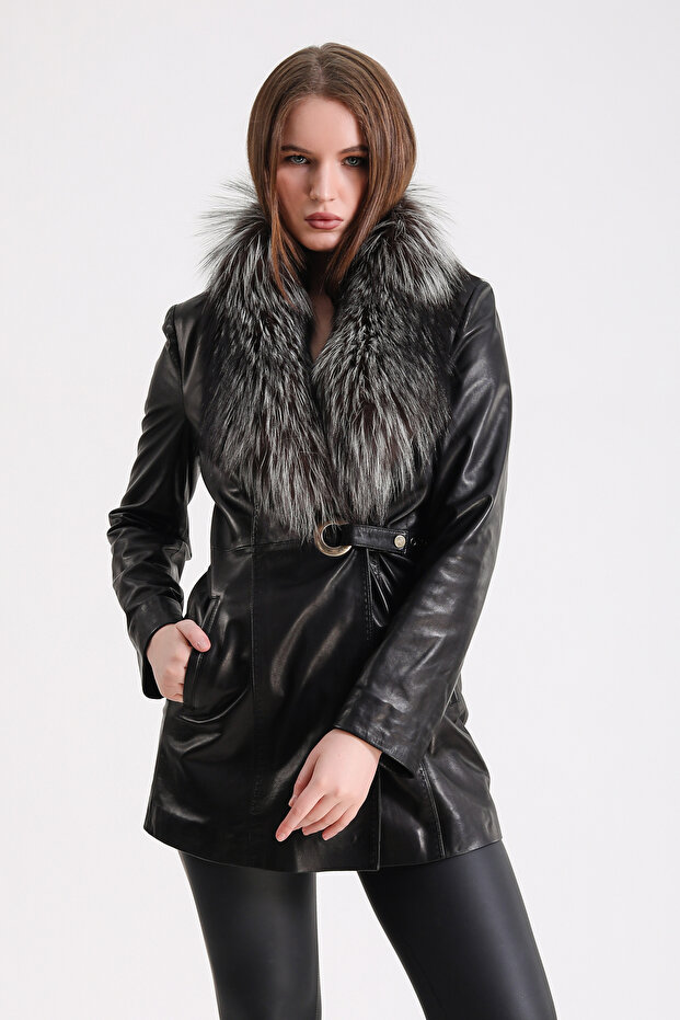 Black Arjante Fox Accessory Buckle Detailed Leather Jacket
