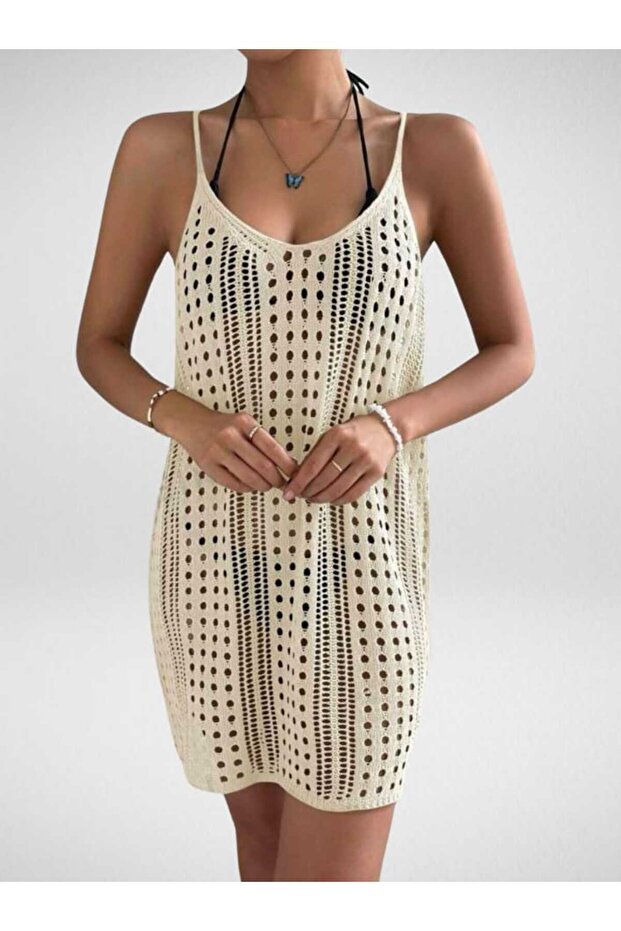 Strappy Model Openwork Pattern Mini Beach Dress - 1