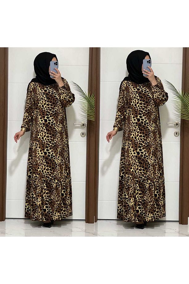 2085 K60 CAMEL RENK LEOPAR ELBİSE - 4
