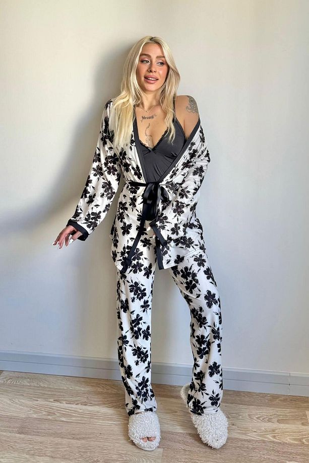 Siyah Flore Exclusive Örme Sabahlıklı Kadın Pijama Takımı - 7