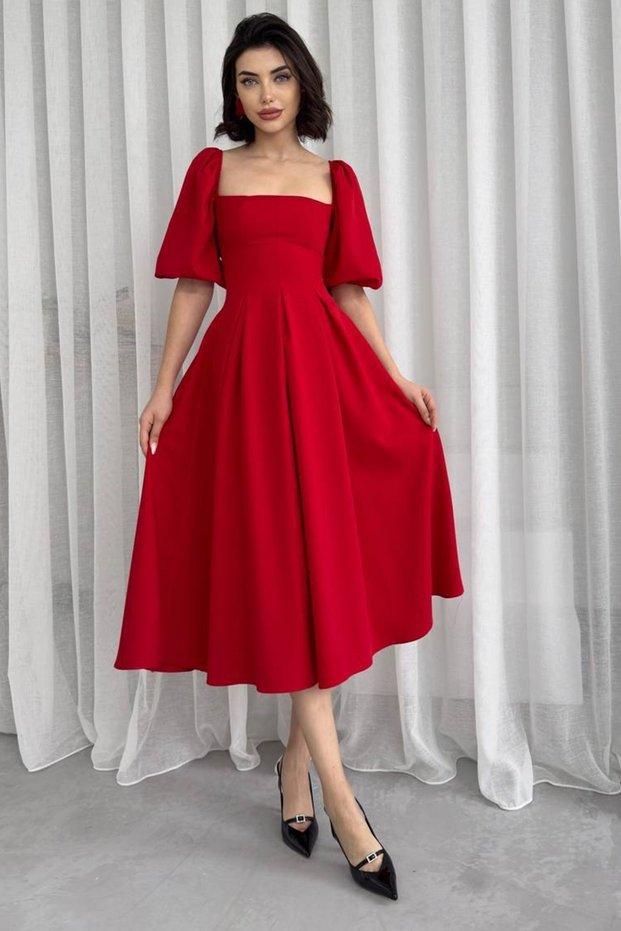 Women's Atlas Fabric Strapless Collar Pleated Flared Cut Short Balloon Sleeve Midi Length Red Dress 167
