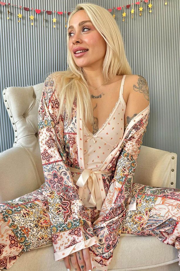 Somon Flore Exclusive Örme Sabahlıklı Kadın Pijama Takımı - 1