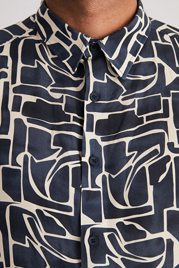 Lacivert More Sustainable Oversize Fit %100 Viskon Desenli Kısa Kollu Salaş Gömlek TMNSS24GO00051 - 5