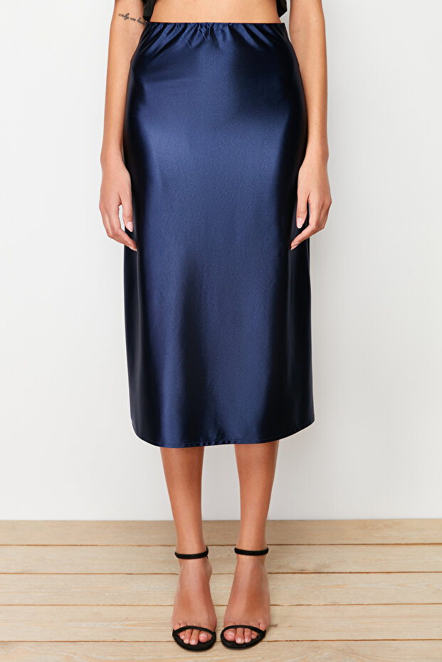 Indigo Saten A Kesim/Çan Form Midi Örme Etek TWOAW24ET00088 - 5