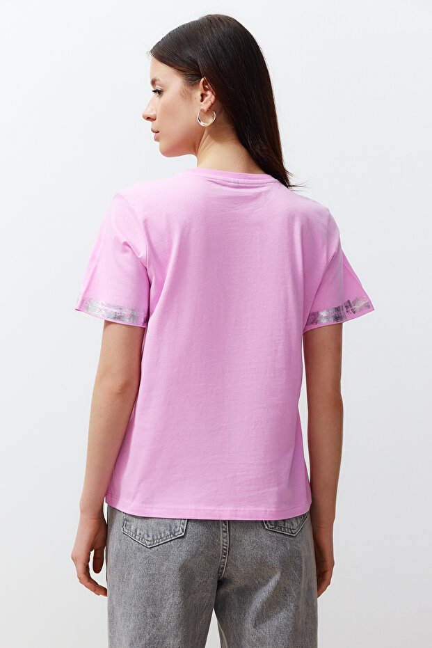 Pembe Varaklı Loose/Rahat Kalıp Örme T-Shirt TWOSS24TS00073 - 6