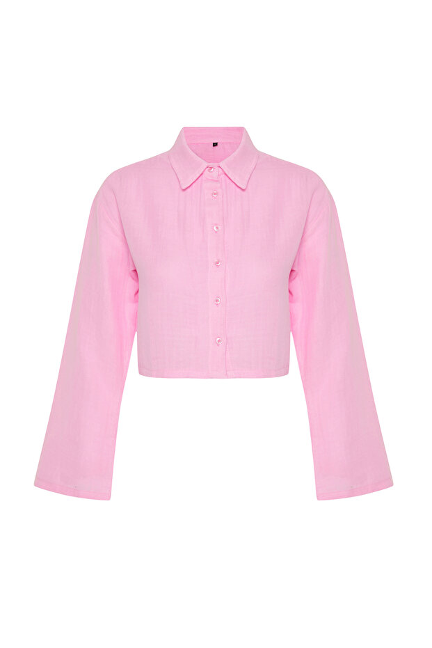 Pembe Dokuma %100 Pamuk Plaj Crop Gömlek TBESS24GO00011 - 5