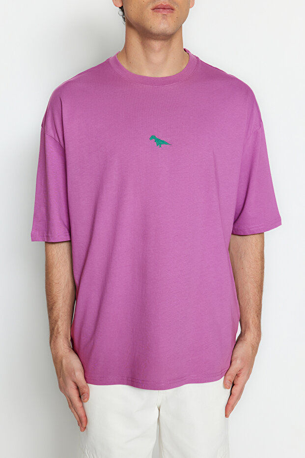 Mürdüm Oversize/Geniş Kesim Dinozor Nakışlı Kısa Kol %100 Pamuk T-Shirt TMNSS23TS00243 - 5