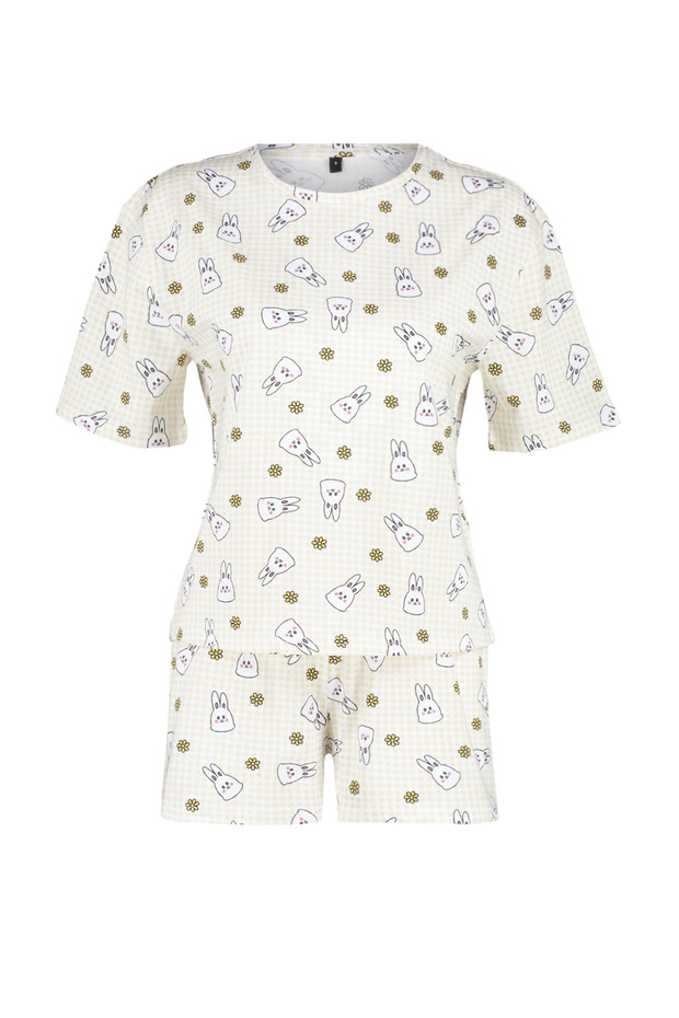 Sarı-Çok Renkli %100 Pamuklu Pötikare Şortlu Örme Pijama Takımı THMSS24PT00211 - 7