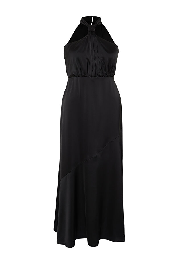 Siyah Halter Yaka Saten Maxi/Uzun Boy Büyük Beden Party/Mezuniyet/Abiye Elbise TBBSS24AH00150 - 7