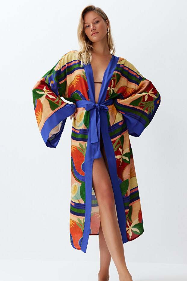 Soyut Desenli Dokuma Maxi Plaj Kuşaklı Kimono&Kaftan TBESS24KM00024 - 4