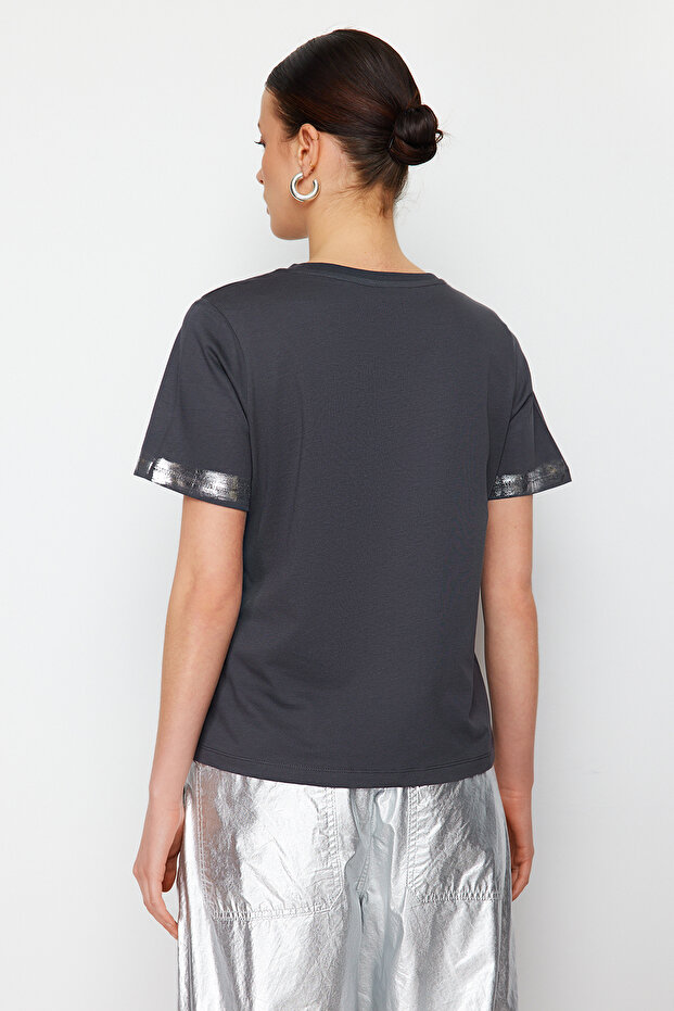 Antrasit Varaklı Loose/Rahat Kalıp Örme T-Shirt TWOSS24TS00073 - 6