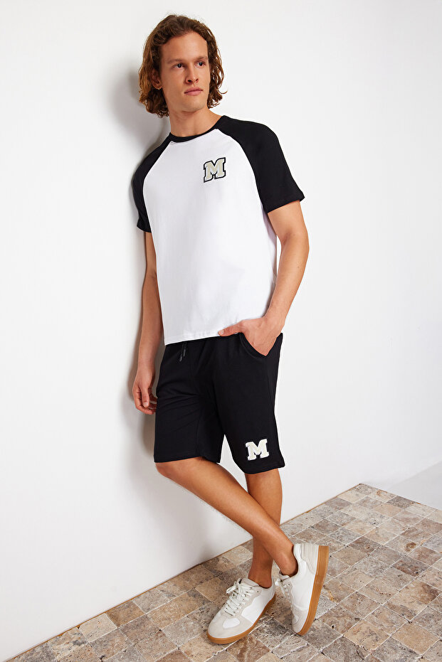Siyah Beyaz Nakışlı Reglan Kol Örme Şortlu Pijama Takımı TMNSS24PT00007 - 2