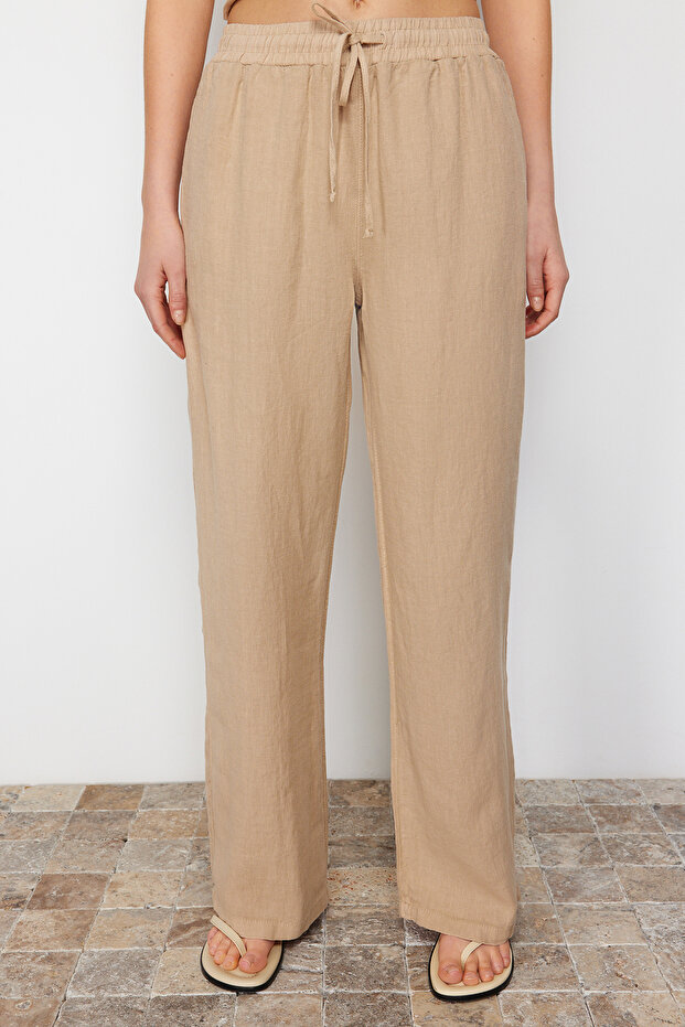 Bej %100 Keten Beli Lastikli Yüksek Bel Wide Leg Pantolon TWOSS24JE00249 - 10