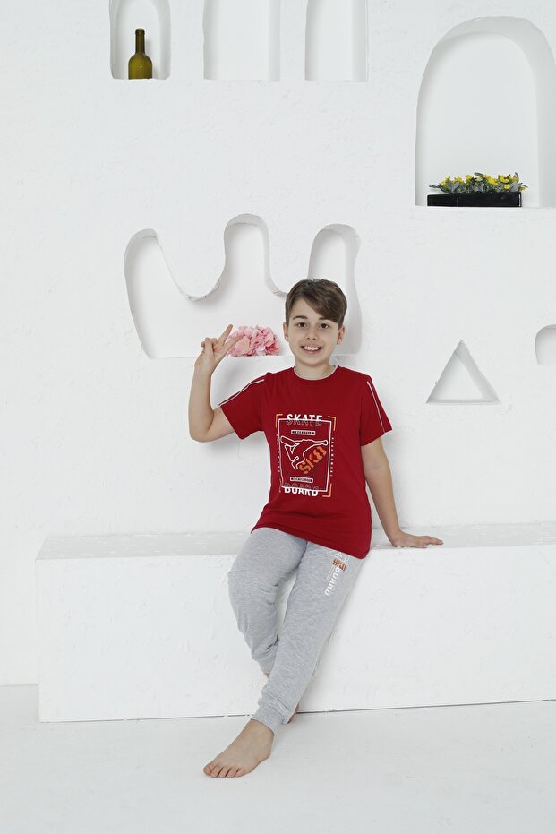 Short Sleeve Six Long Crew Neck Skate Board Printed Boys' Pajamas Set