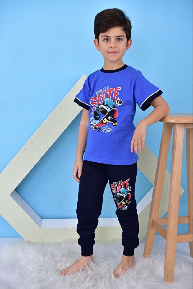 Short Sleeve Six Long Cycling Collar Skate Sax Printed Boys' Pajama Set