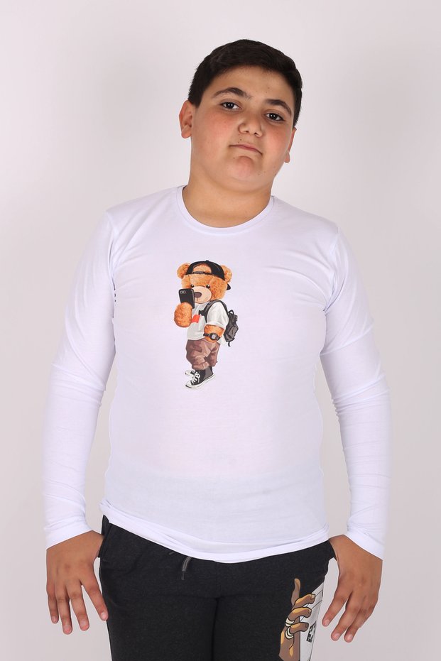 Unisex Teddy Bear Printed Long Sleeve Crew Neck Basic Kids T-shirt