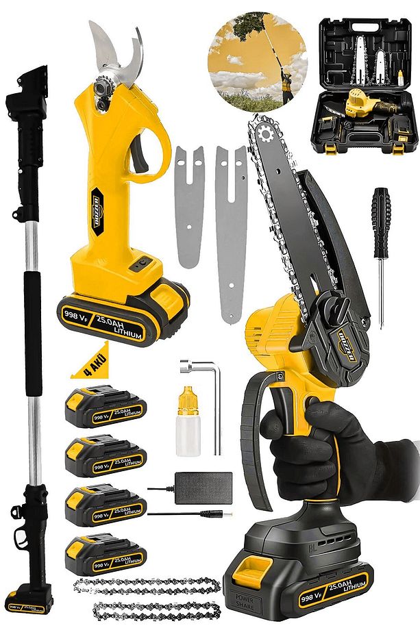 YQ 2 Li Set 998 Vf 25Ah 4x Akü 3Mt Teleskopik Şarjlı Ağaç Dal Kesme Budama Makası & Testere Makinesi - 1