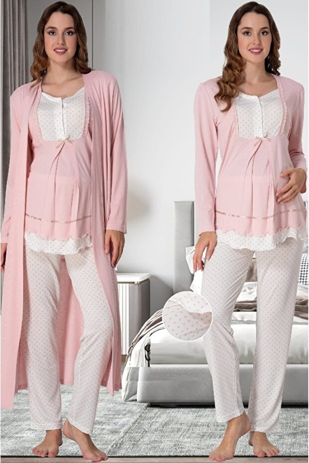 Pink Cotton Maternity Long Sleeve Pajama Set with Dressing Gown Effortt