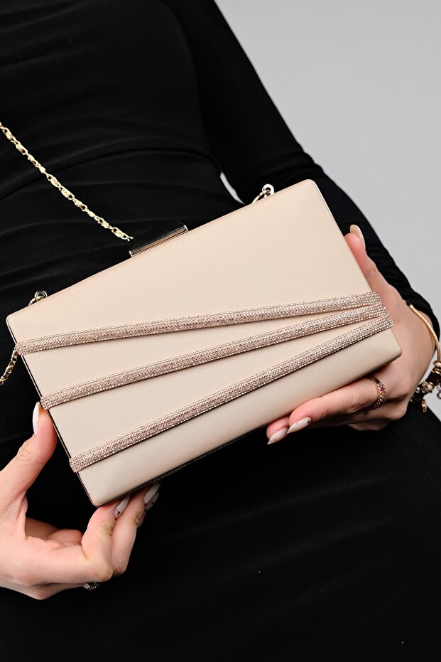 DEBON Dark Beige Satin Stripe Stone Damska Torebka Wieczorowa - 1