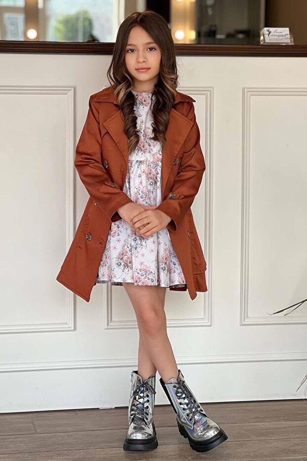 Girl's Floral Patterned Pleated Dress with Tile Trench Coat