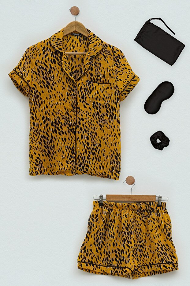 5-Piece Leopard Mustard Pajama Shorts Set