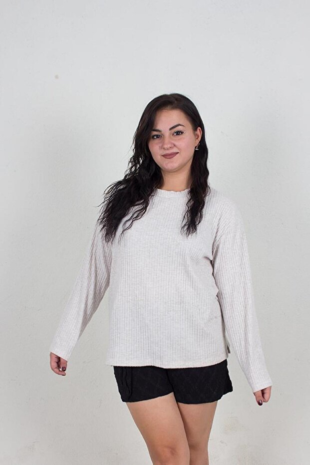Plus Size Camisole Long Sleeve Blouse Cream Bz054