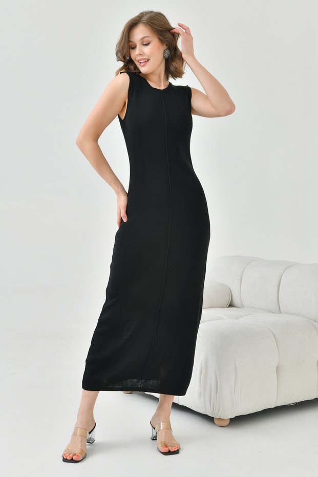 New Season Summer Midi Length Washed Yarn Knitwear Fabric Crew Neck Sleeveless Knitwear Dress 1110
