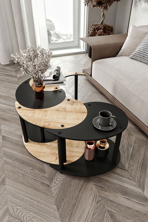 YİN YANG UNITY SERENITY ORTA SEHPA 4 LÜ SİYAH MEŞE 70 CM - 1