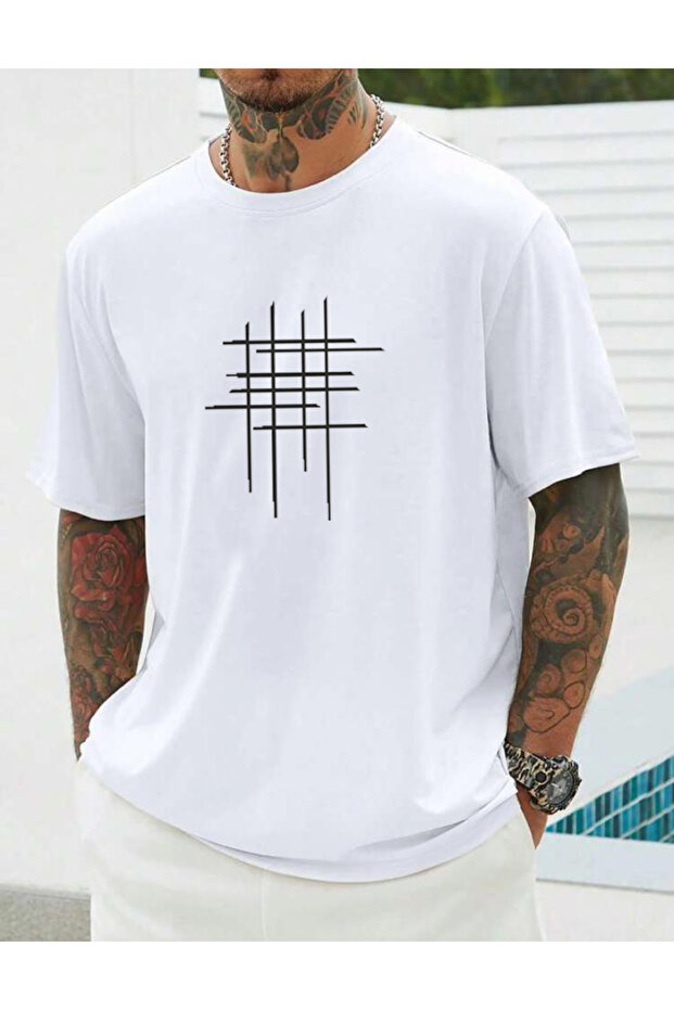 Oversize White Line Printed Relaxed Fit T-Shirt Boyfriend