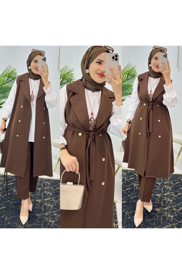 Double Crepe Fabric Trousers and Long Vest Women's Double Set