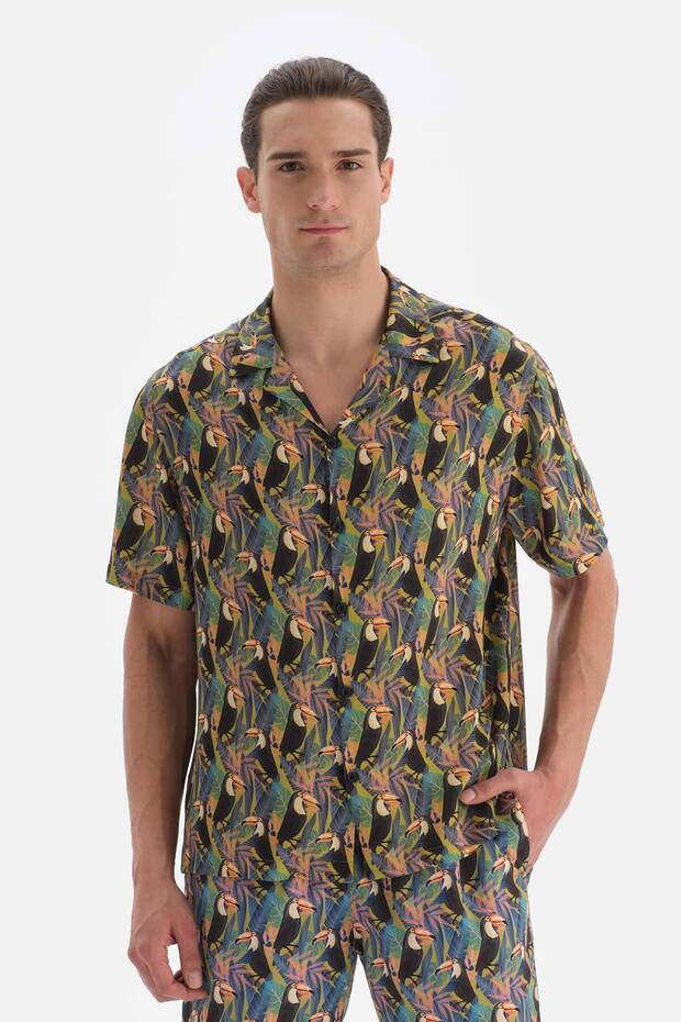 قميص أسود - أخضر منقوش - 1