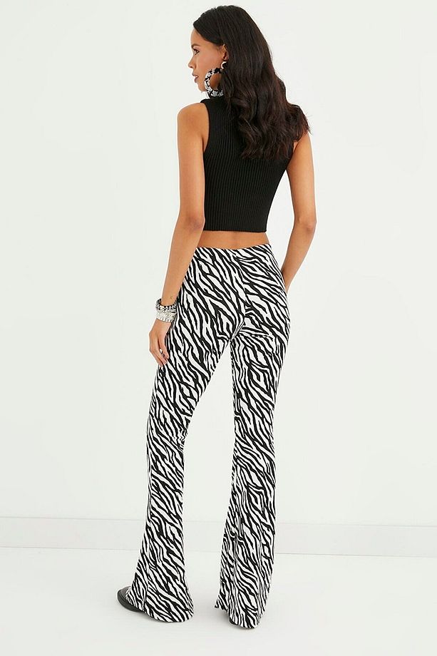 Siyah-ekru Krep Kumaş Zebra Desenli Yüksek Bel Likralı Ispanyol Paça Pantolon 100 Cm - 2