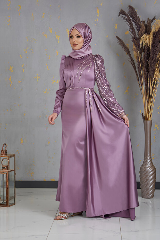Satin Shoulder Embroidered Evening Dress Efila