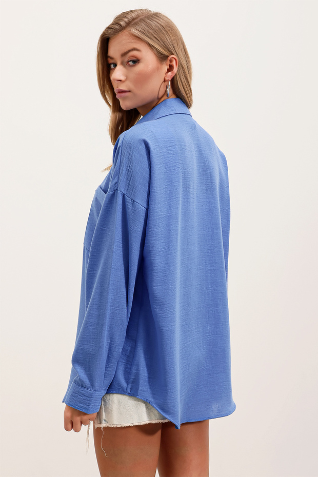 20153 Tek Cepli Oversize Keten Gömlek - Saks - 6