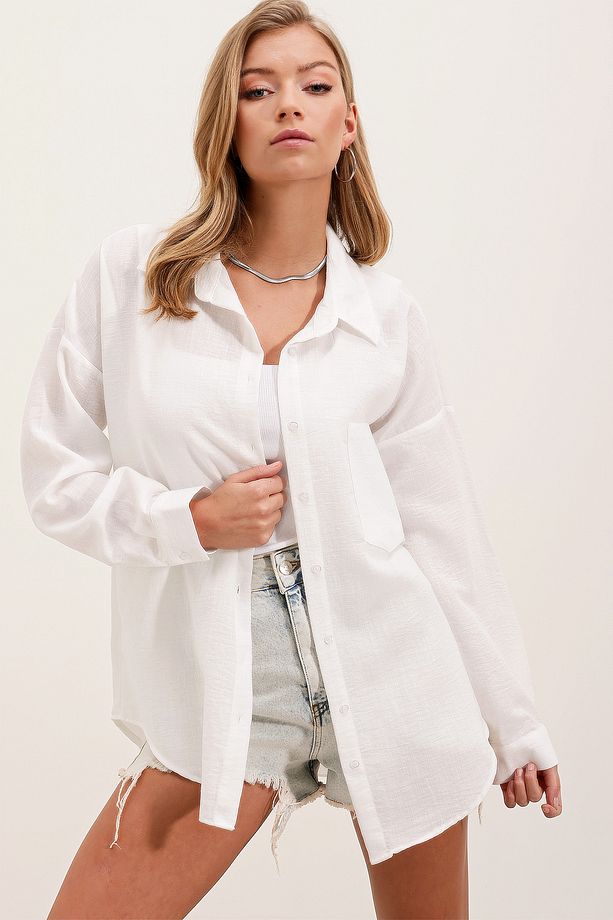 Kadın Tek Cepli Beyaz Oversize Keten Gömlek - 5