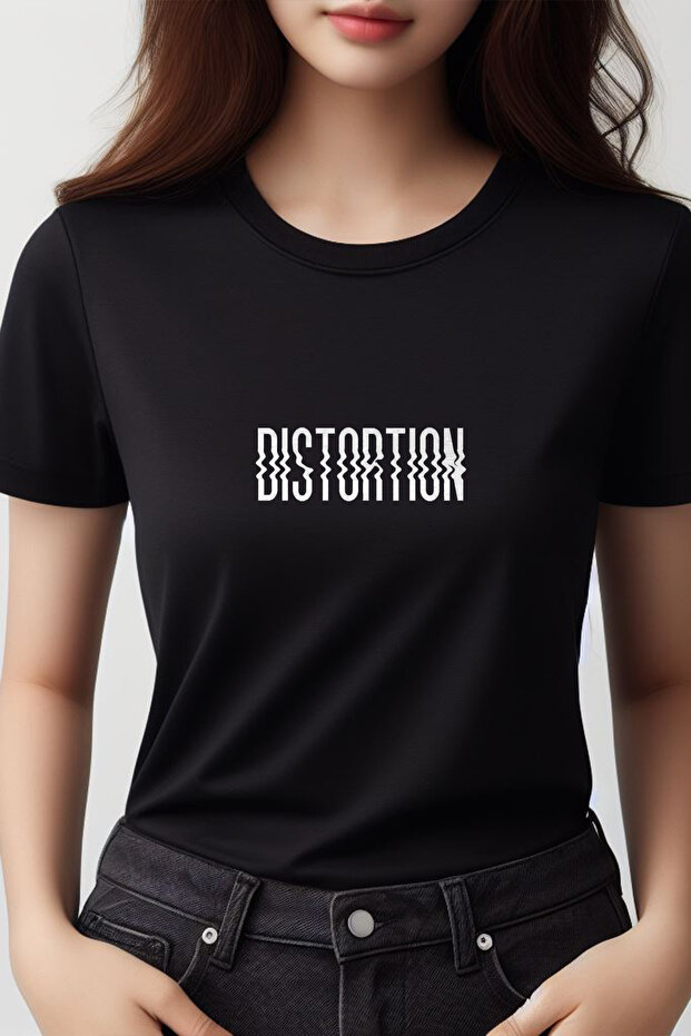 Distortion Printed Black Oversize Crew Neck T-shirt