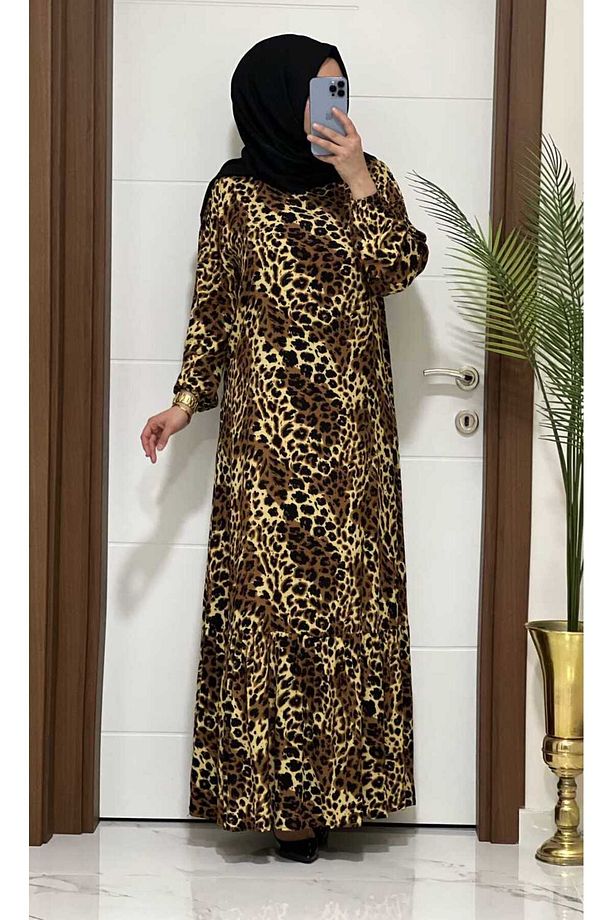 2085 K60 CAMEL RENK LEOPAR ELBİSE - 1
