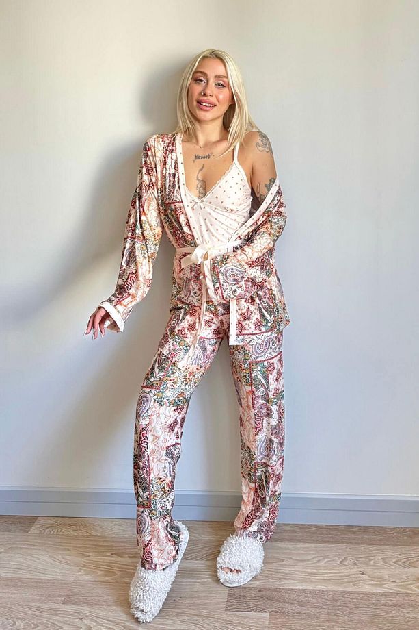 Somon Flore Exclusive Örme Sabahlıklı Kadın Pijama Takımı - 7