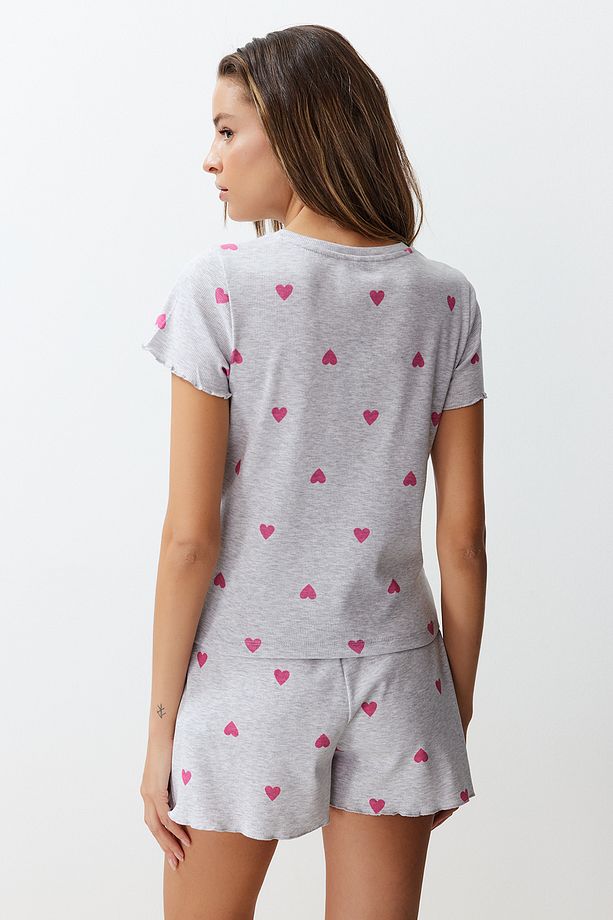 Gri Melanj Kalpli Slogan Baskılı Lastikli Fitilli Şortlu Örme Pijama Takımı THMSS24PT00220 - 5